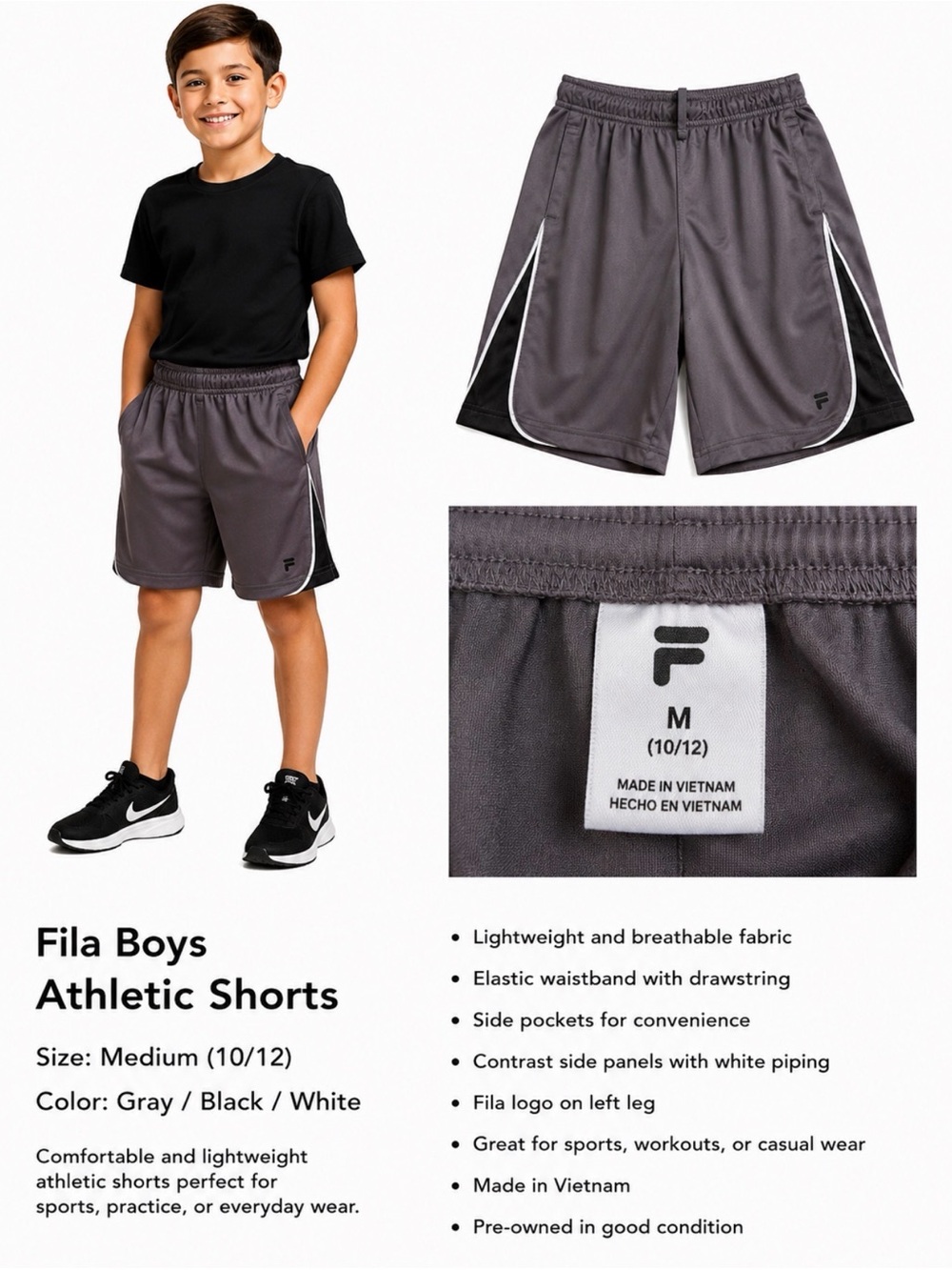 Fila Boys Gray Athletic Shorts with Black & White Accents